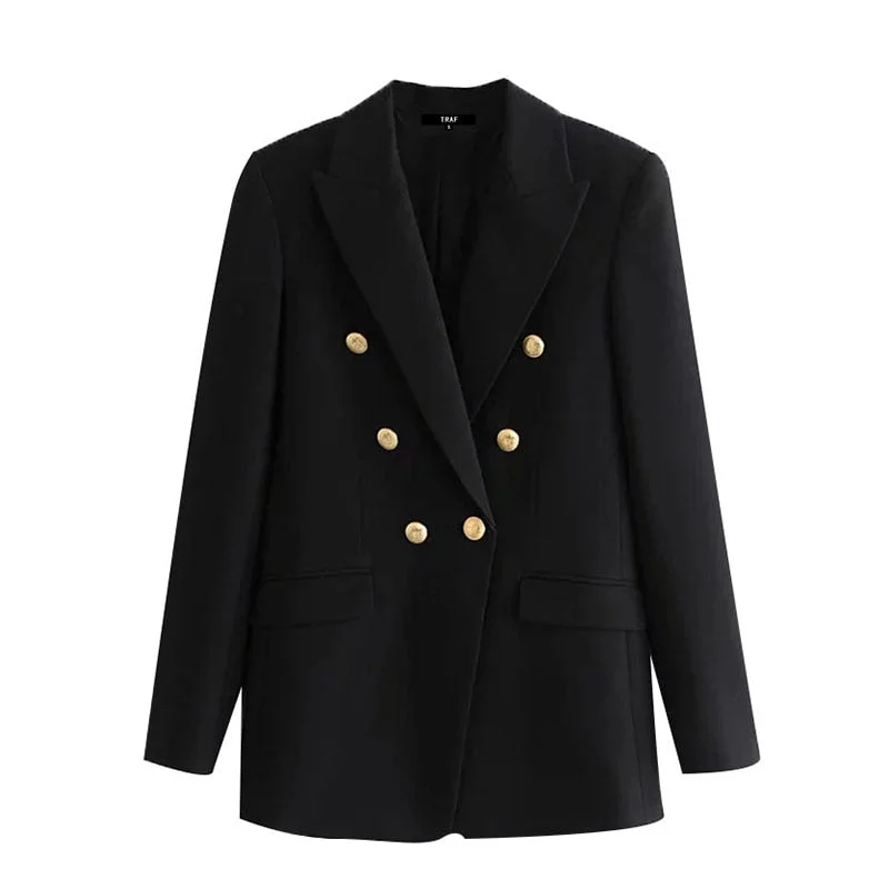 TRAF Women Fashion Double Breasted Black Blazer Coat Vintage Long Sleeve Pockets Female Outerwear Chic Veste Femme