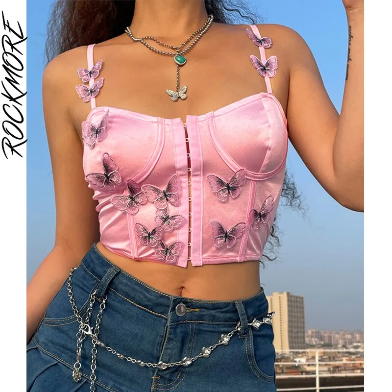 Corsetto Crop Top Donna Y2K - Canotta Senza Maniche In Raso Con Stampa, Scollatura A V, Schiena Scoperta - Top Estivo Streetwear