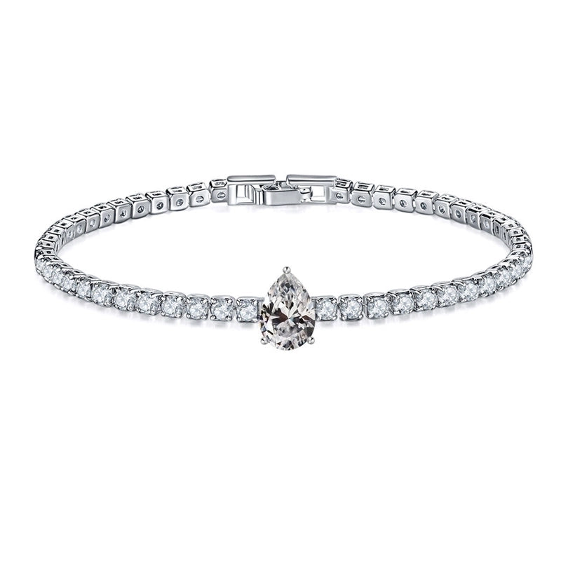 Copper Rhodium Plated Minimalist Shiny Inlay Round Water Droplets Heart Shape Zircon Tennis Bracelet