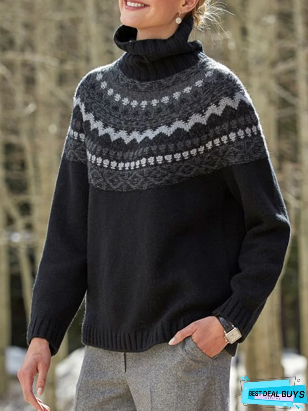 Black Long Sleeve Printed Plus Size Sweater