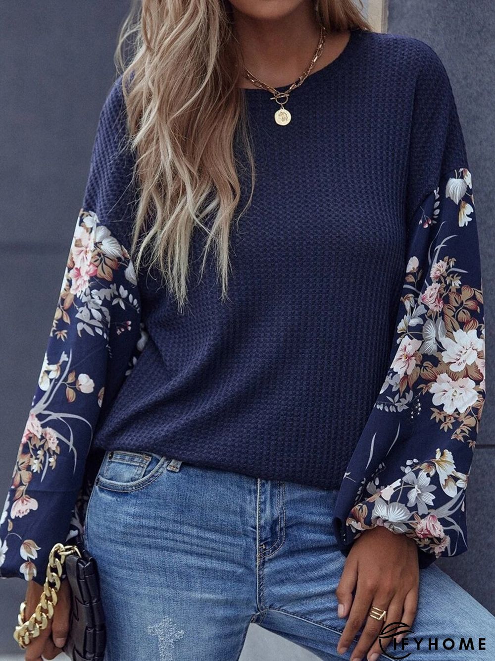 Floral Stitching Long Sleeve Waffle Crew Neck Casual Tunic Top | IFYHOME