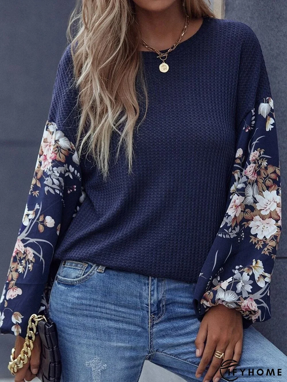 Floral Stitching Long Sleeve Waffle Crew Neck Casual Tunic Top | IFYHOME