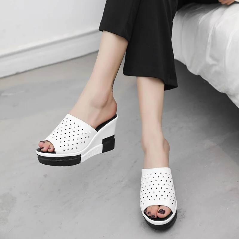 Qengg New Summer Slippers Women Platform Sandals Shoes Woman Slides Beach Platform Slip-on Round Toe White Flip Flops W05