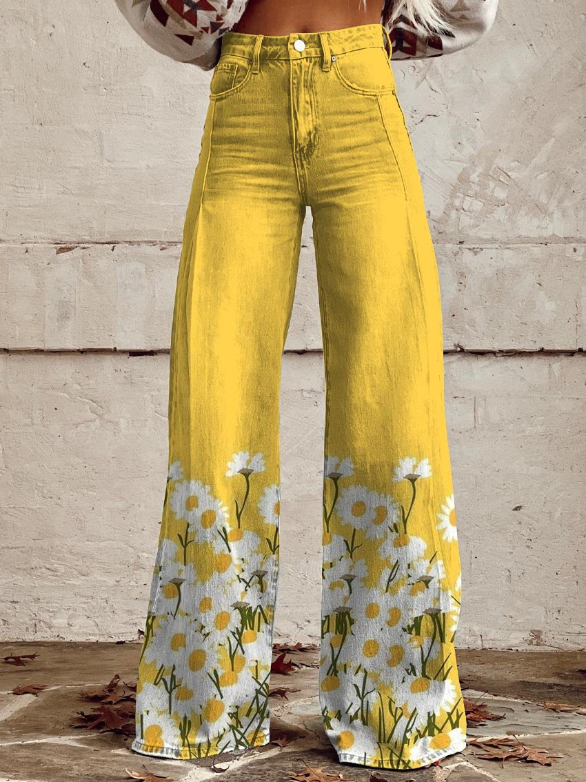 Women's Yellow Daisy Print Casual Wide Leg Pants