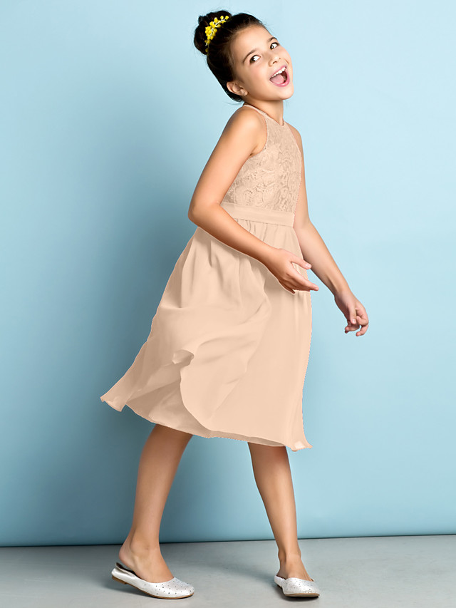 Daisda A-Line Jewel Neck Knee Length  Flower Girl Dress With Lace 