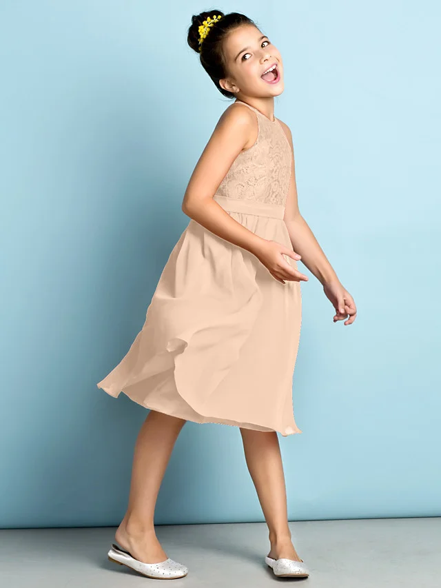 Daisda A-Line Jewel Neck Knee Length  Flower Girl Dress With Lace 