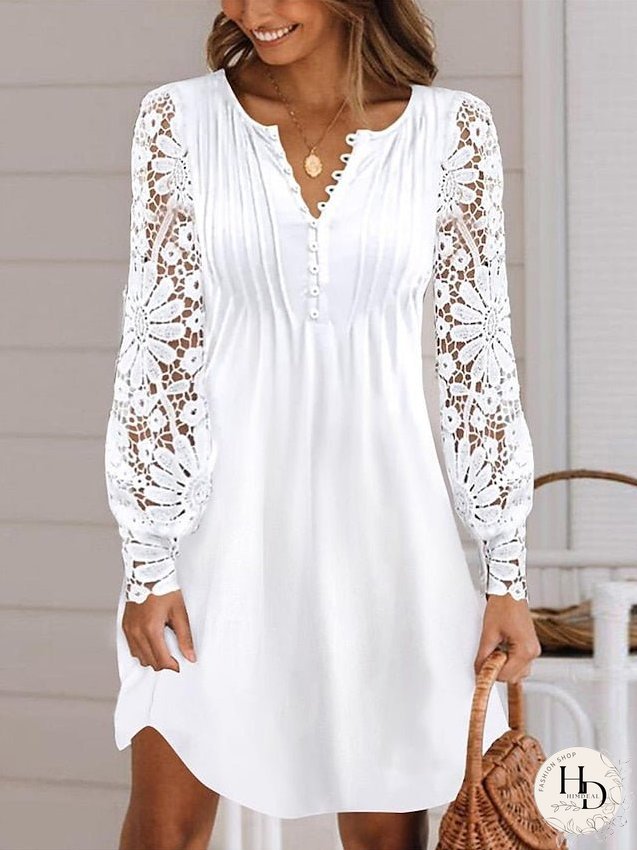 Casual Dress Lace Dress Summer Dress Mini Dress Lace Patchwork Daily Holiday Date Fashion Modern Crew Neck Long Sleeve Regular Fit Black White Wine Color S M L XL XXL Size for Women
