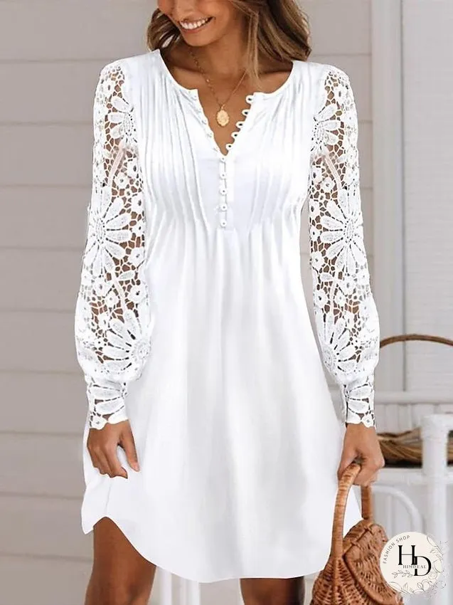 Casual Dress Lace Dress Summer Dress Mini Dress Lace Patchwork Daily Holiday Date Fashion Modern Crew Neck Long Sleeve Regular Fit Black White Wine Color S M L XL XXL Size for Women