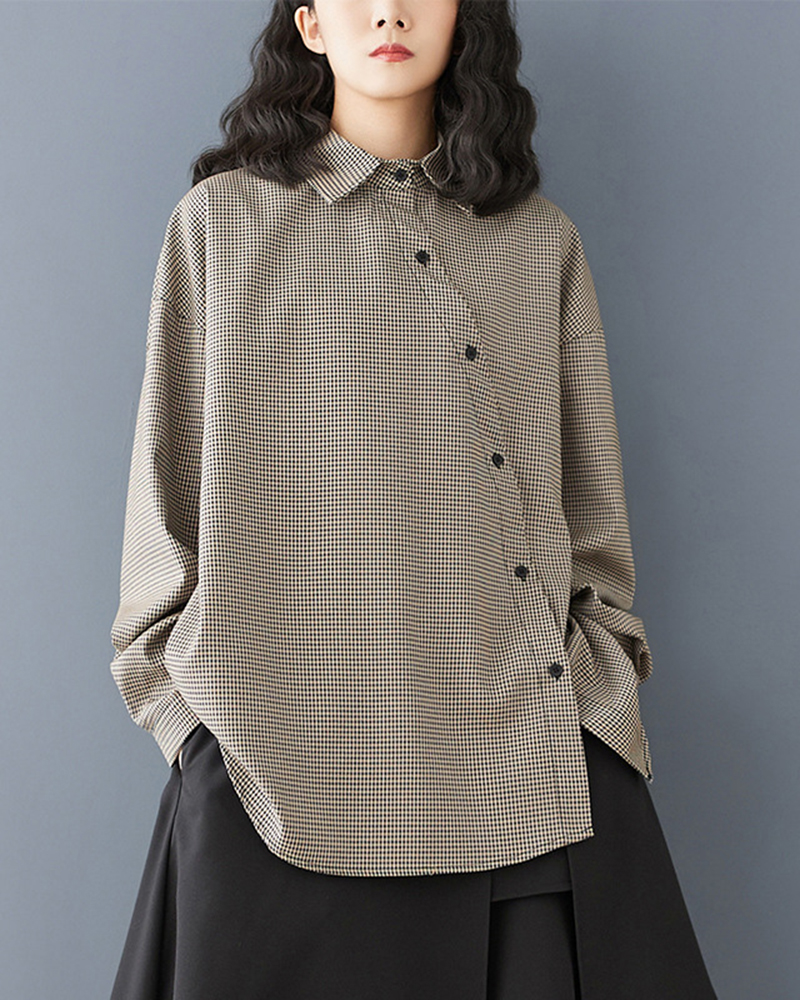 Houndstooth Pattern Single Breasted Long Sleeve Loose Shirt