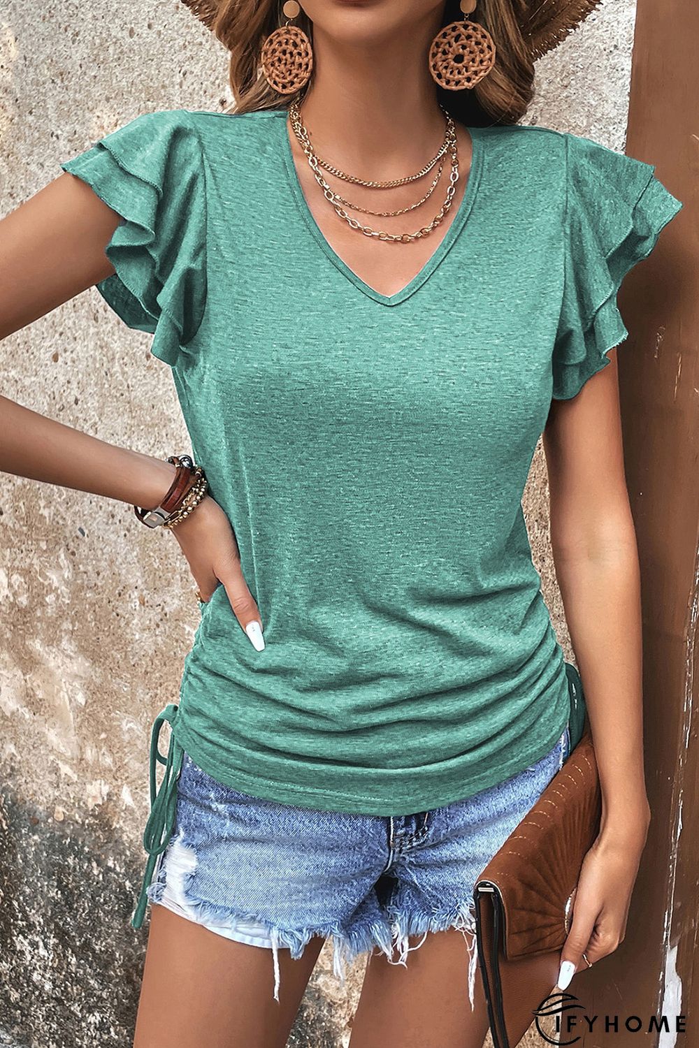 Green Ruffle Short Sleeves V Neck Drawstring Top | IFYHOME