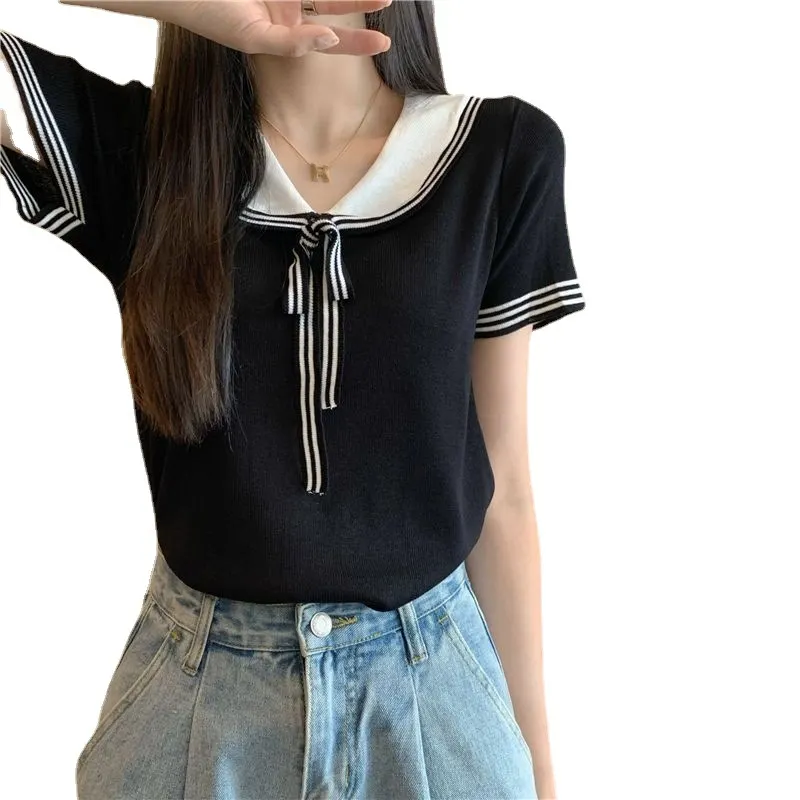 Uveng Uveng Style Doll Collar T-Shirt For Women's Summer New Sweet Spicy Head Short-Shoeed Sexy Ins Short-Sleeved Top