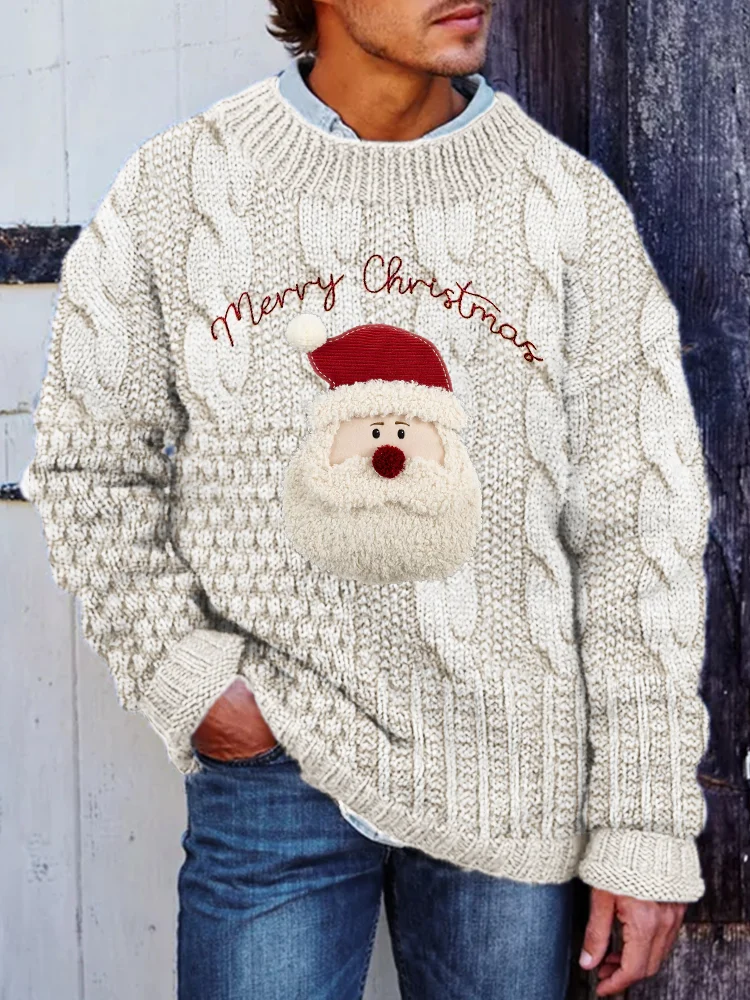 Men's Merry Christmas Santa Embroidered Cable Knit Sweater