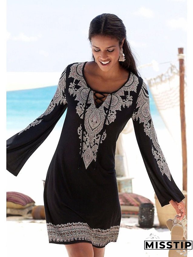 Line Dress Knee Length Black Long Sleeve Print Lace Summer Spring Neck Elegant Winter Fall