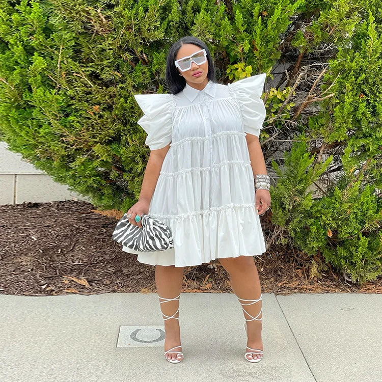 Uveng Dress High Waist Retro Pleated Puff Sleeve Loose Women's Shirt