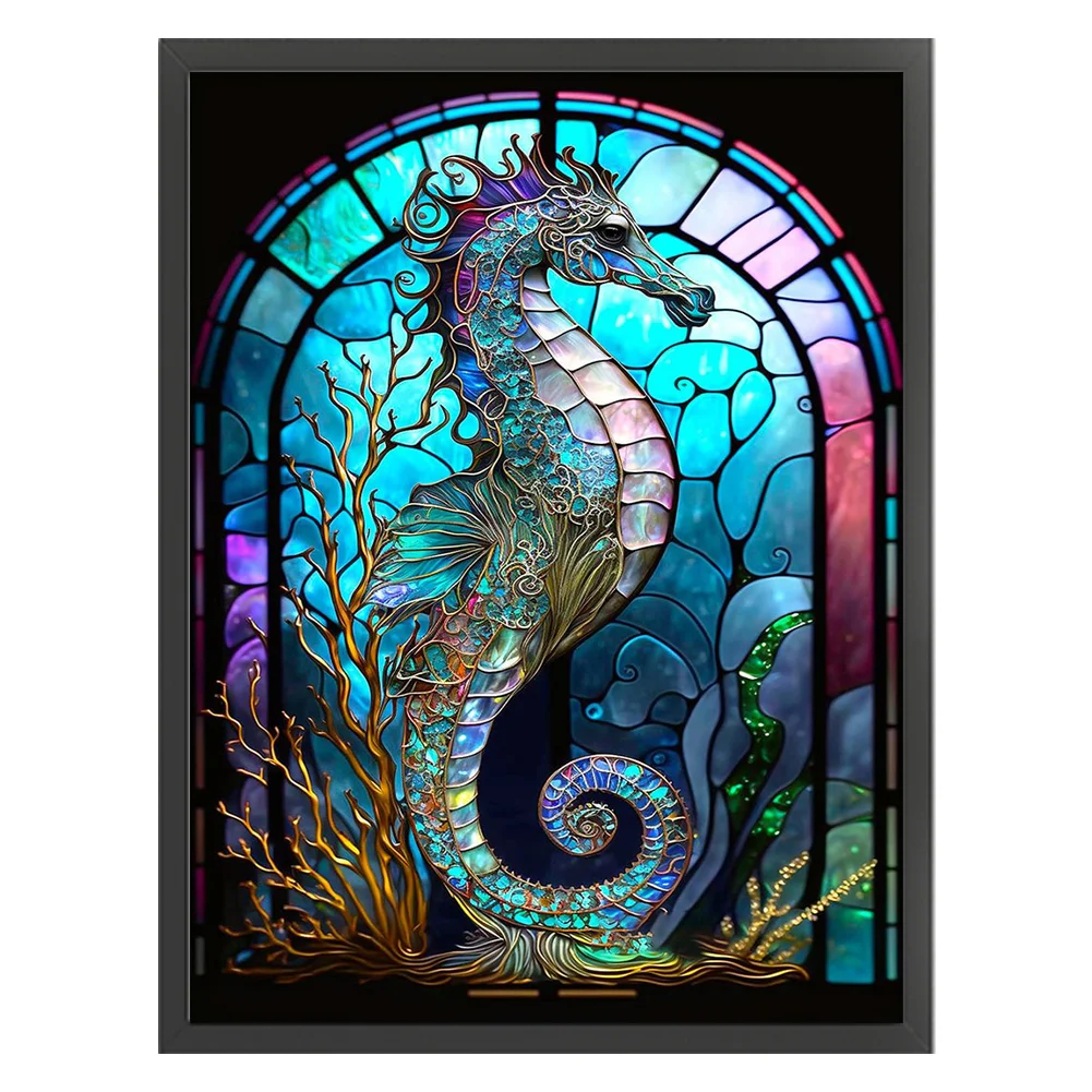 14CT Full Stamped Cross Stitch - Stained Glass Hippocampus(Canvas|50*65CM)