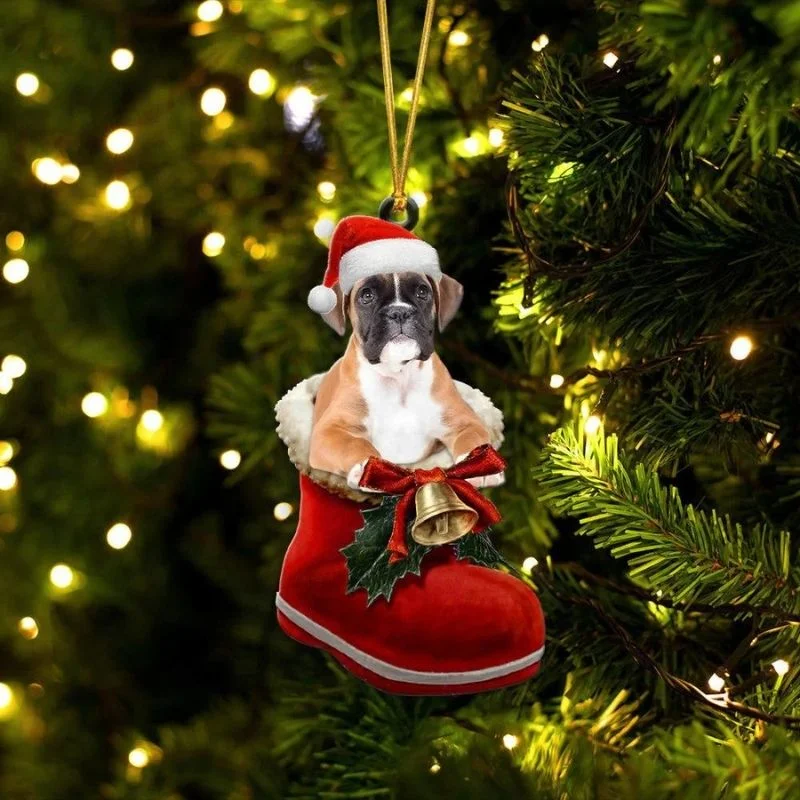 VigorDaily Boxer Fawn In Santa Boot Christmas Hanging Ornament SB194