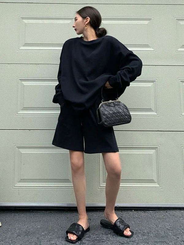 Casual Solid Long Sleeve T-Shirts Tops+Short Leggings Suits