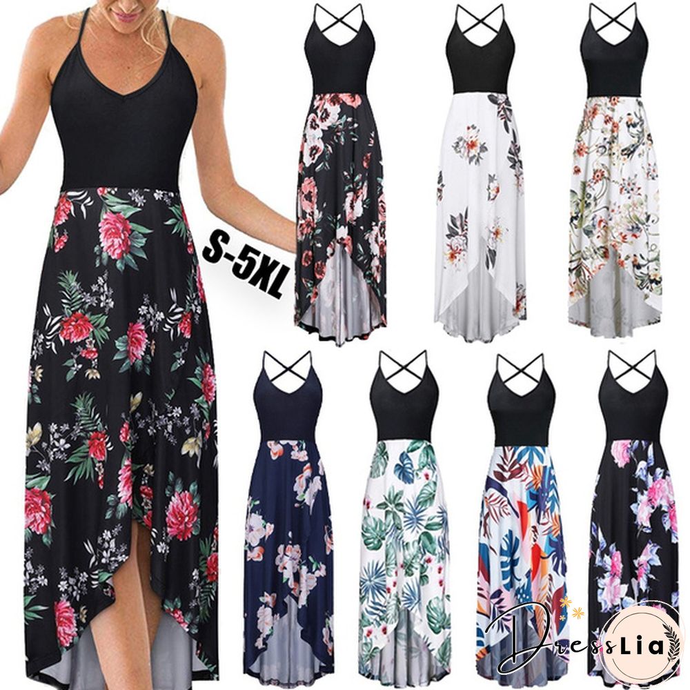 Women&rsquo;s Fashion Summer Casual Floral Printed V-Neck Sling Dress High Waist Big Swing Dress Backless Dress