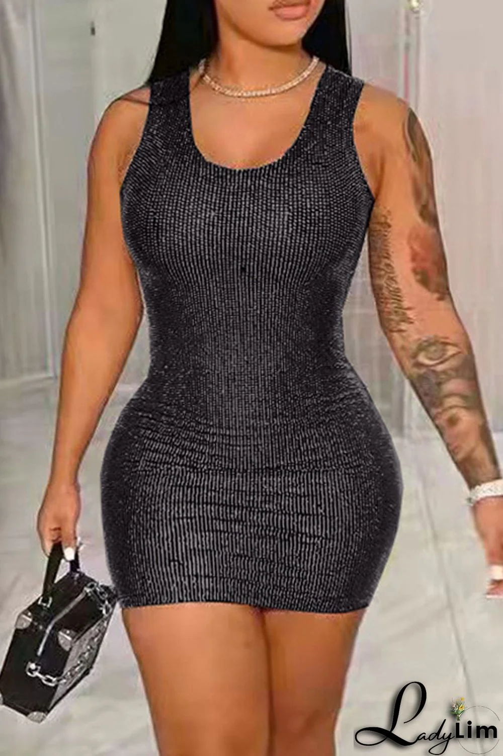 Blue Fashion Sexy Solid Sequins Patchwork O Neck Vest Dress