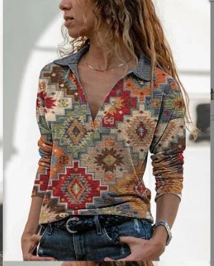 Vintage Printed Long Sleeve Turn down Collar Blouse For Women P1755488