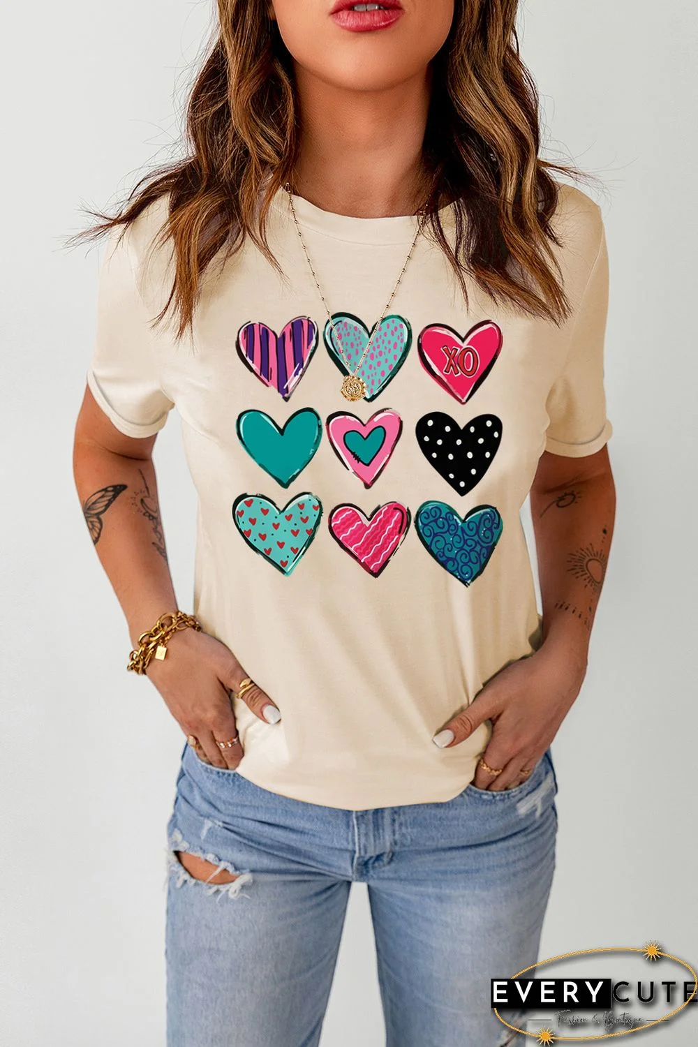 Khaki Valentines Multi Pattern Heart Print T Shirt