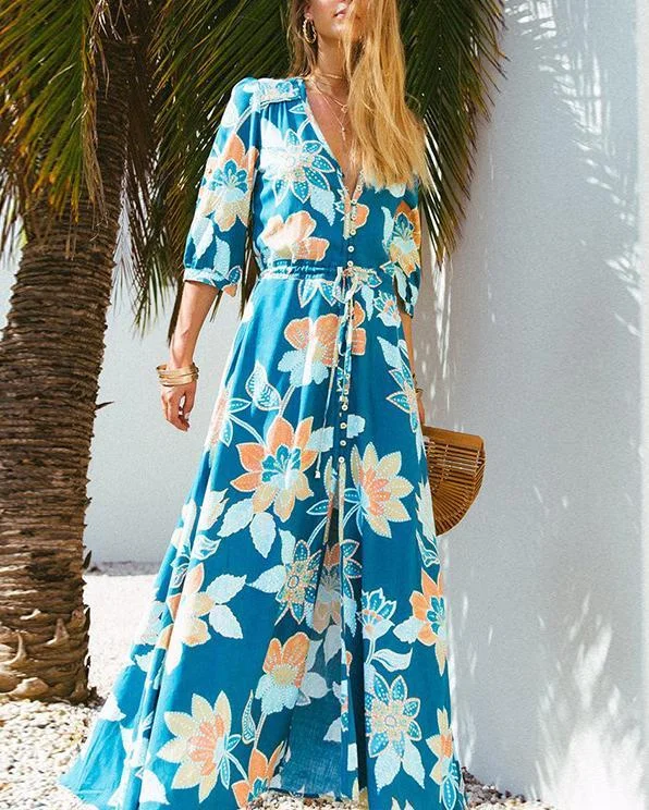 half sleeve v neck summer holiday print maxi dress p110962