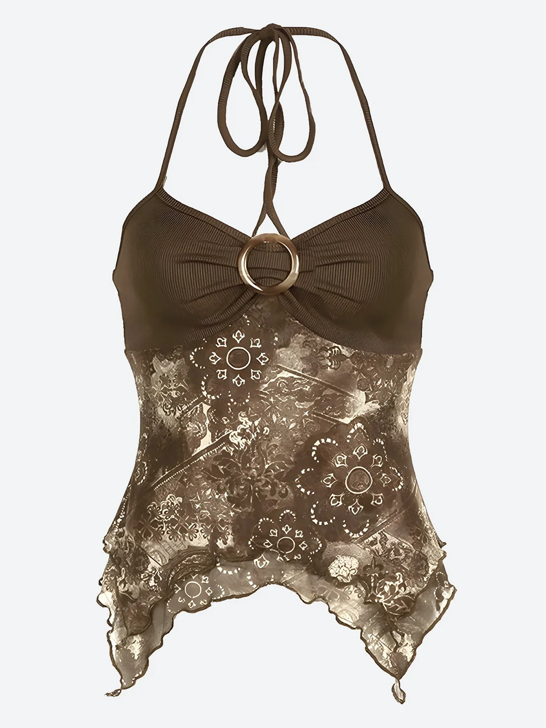 Brownm Grunge Floral Halter Neck Top