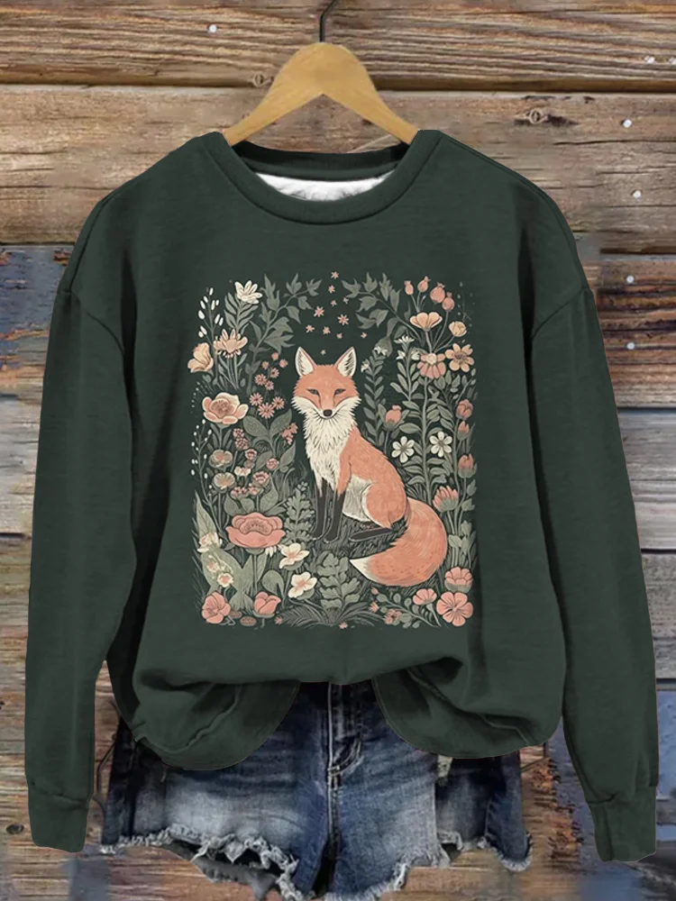 VChics Cute Flower Fox Graphic Vintage Comfy Sweatshirt
