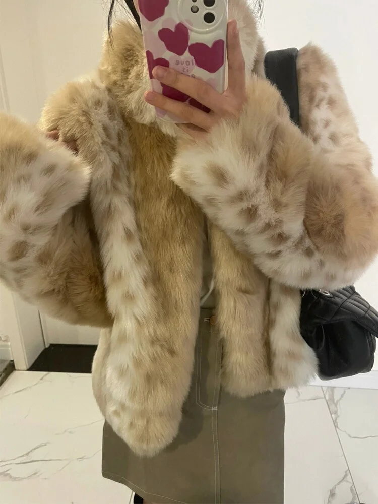 Vintage Leopard Printed Lapel Long Sleeve Fluffy Thick Coat