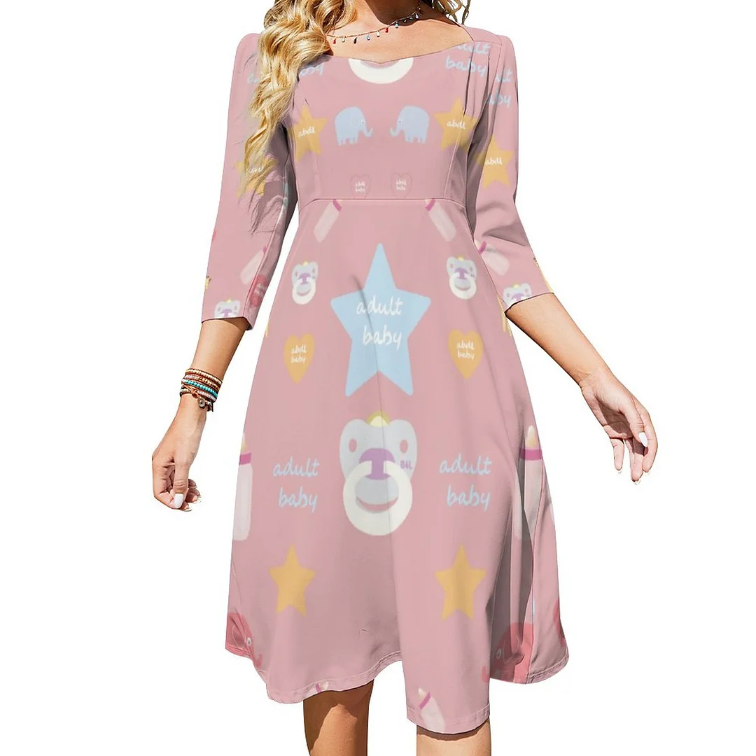 Adult Baby Abdl Baby4Life Cute Dress Sweetheart Tie Back Flared 3/4 Sleeve Midi Dresses