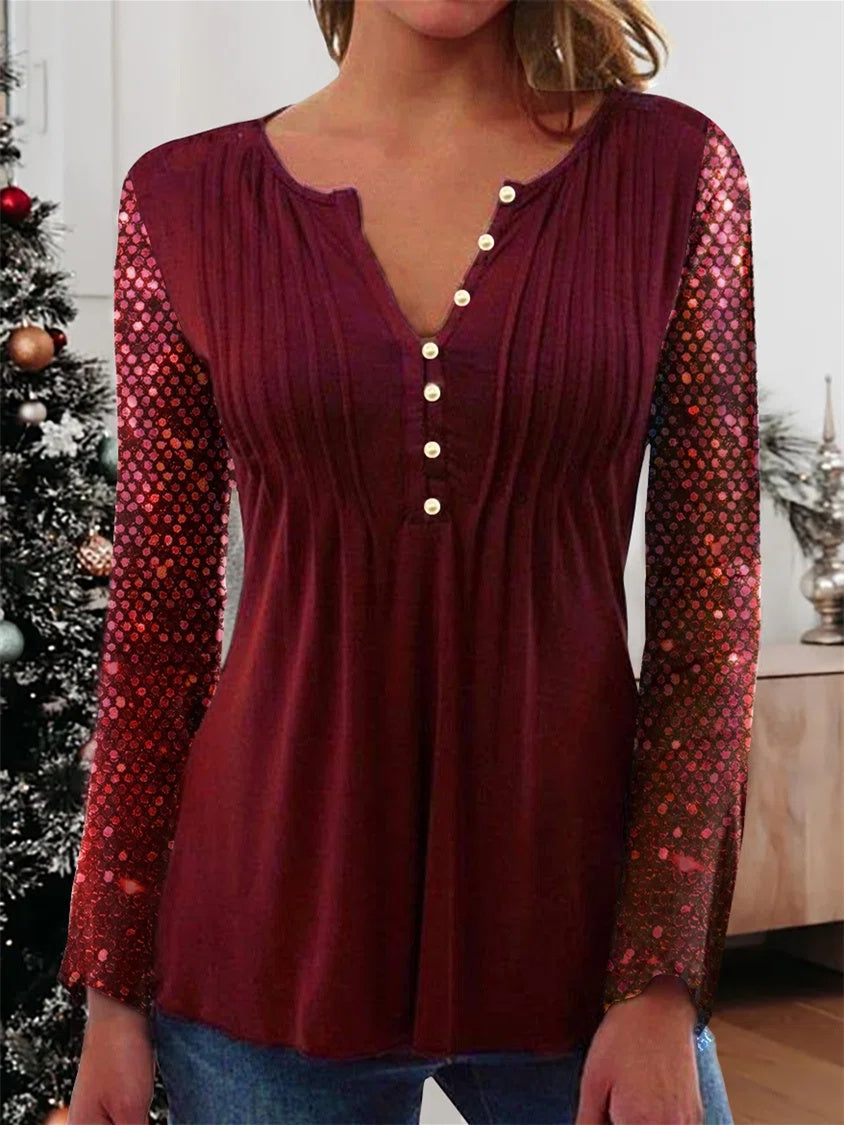 Women Long Sleeve V-neck Graphic Floral Printed Top