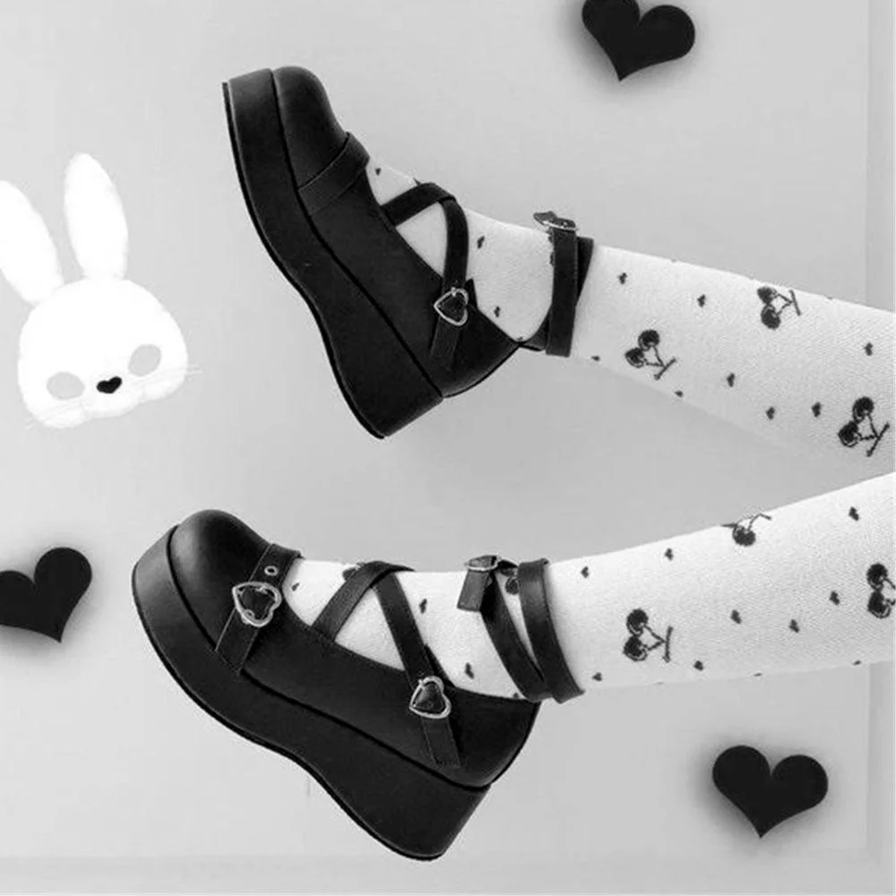2021 Brand Sweet Lovely Buckles Lolita Mary Janes Cosplay Black Gothic Pink Platform Med Heels Shoes Women Pumps Big Size 43