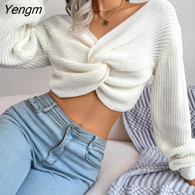 Yengm 2023 New Women Fall Winter Solid Color Long Sleeve Knotted Crop Knit Sweater For All Match