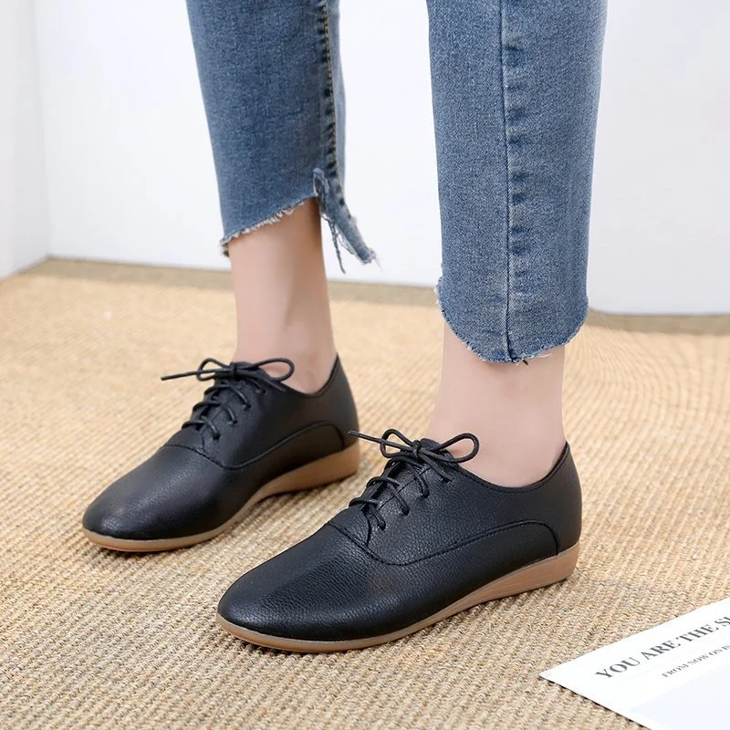 2021 Spring Women Oxford Shoes Ballerina Flats Shoes Women Genuine Leather Shoes Moccasins Lace Up Loafers White Shoes