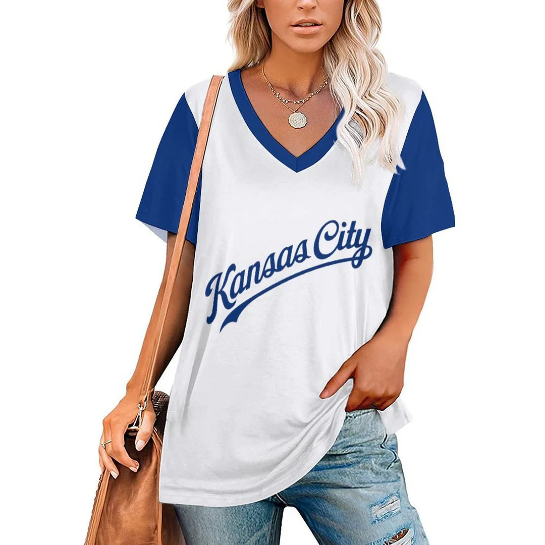 V-neck Short Sleeve Casual T-shirt for  Women Printed with Pattern,Blue,Light Blue,Gold,White