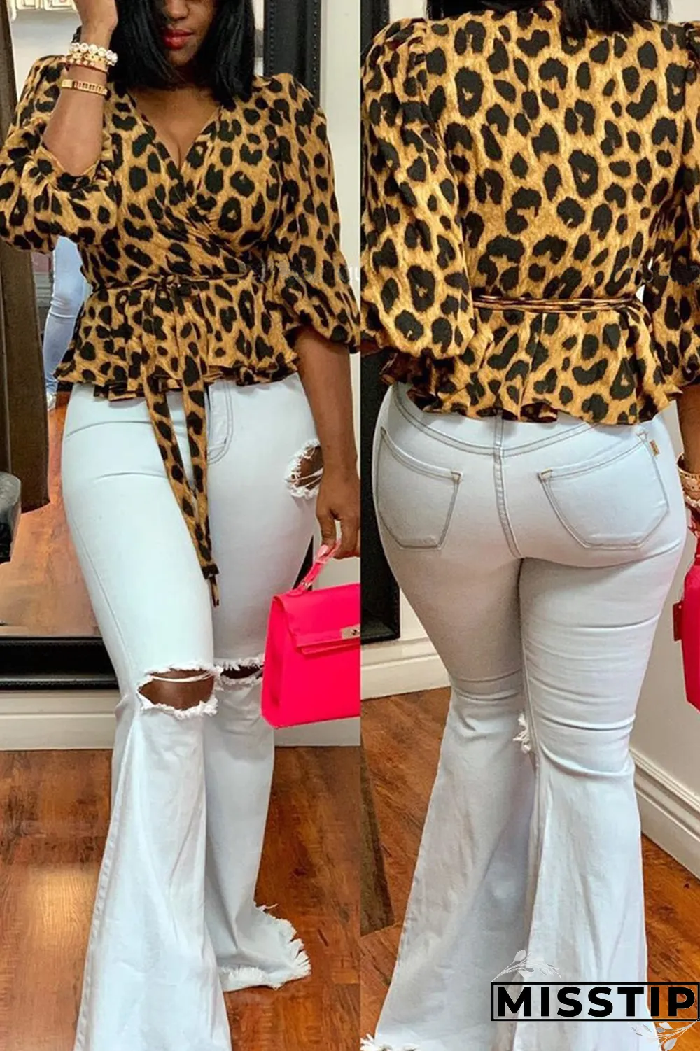 Grey Street Leopard Bandage V Neck Tops