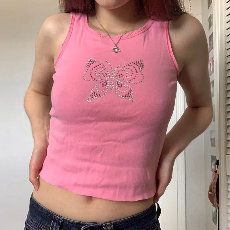 Rapcopter Y2K Butterfly Tank Tops Lace Trim Cute Sweet Basic Crop Top O Neck Sleeveless Rhinestone Summer Sweats Mini Vest Women