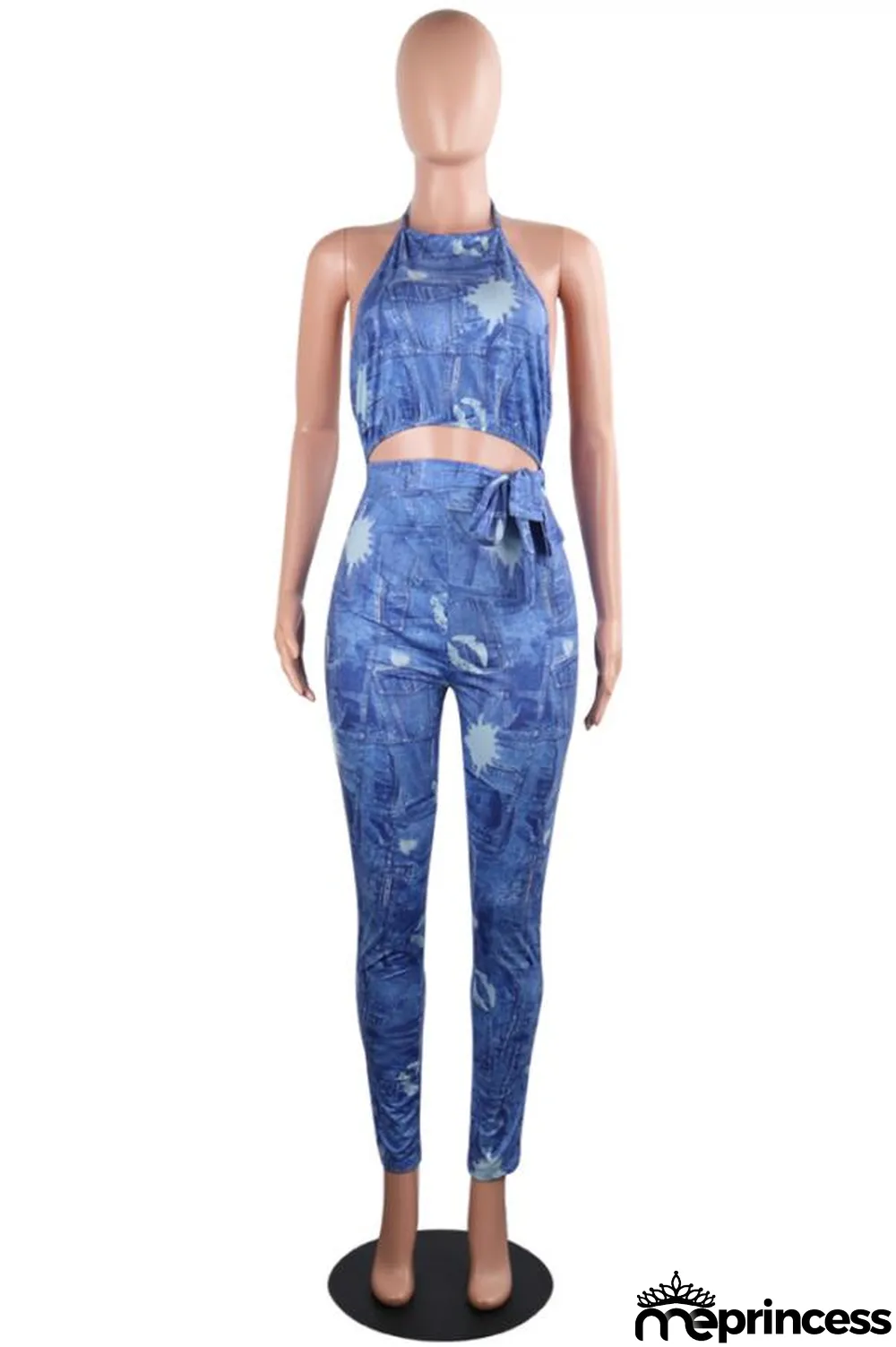 Blue Sexy Fashion Print Backless Patchwork Polyester Sleeveless O Neck Jumpsuits