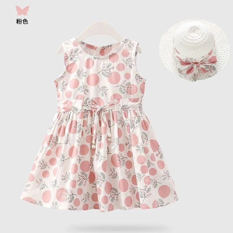 2PCS/Set Girls Dress +Hat Cotton Comfortable Children's Dress 2021 Summer Dress Floral Girls' Sleeveless Dress For Children