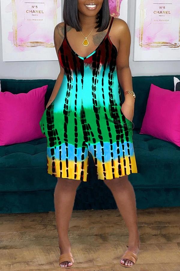 Plus Size V-neck Tie-dye Sleeveless Pocket Romper