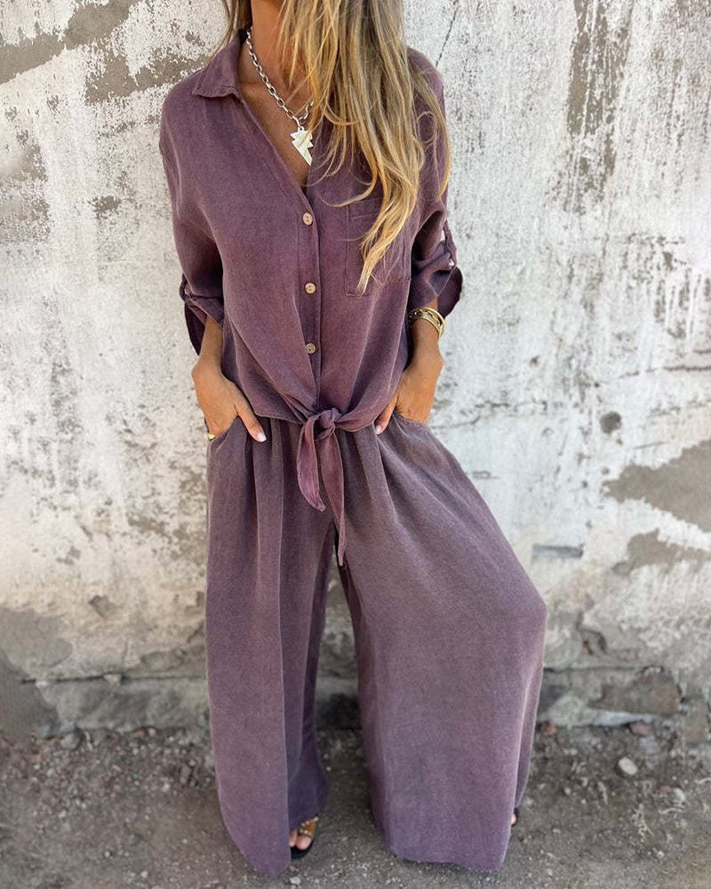 Single Breasted Chest Pocket Shirt & Wide Leg Pants Set