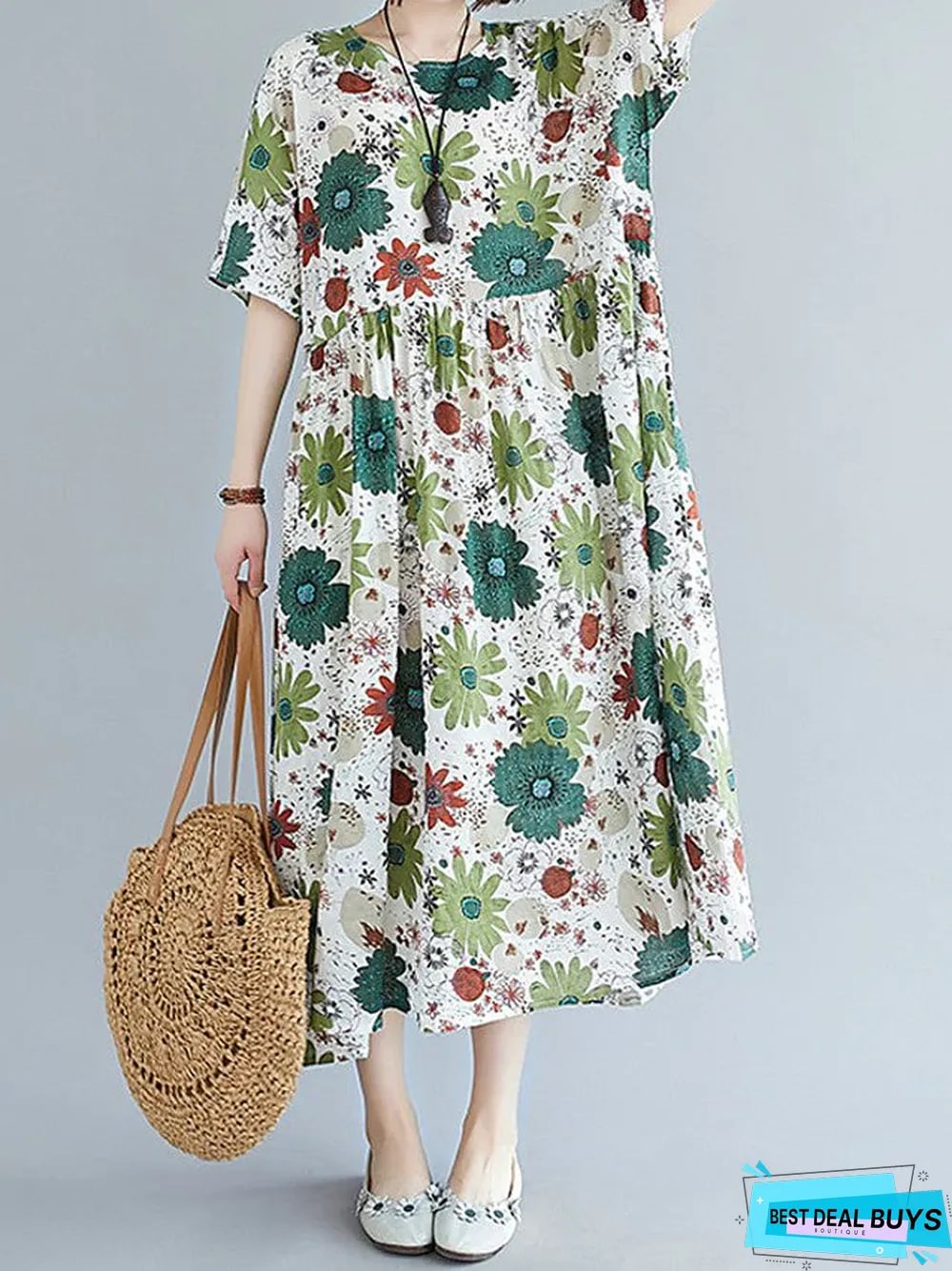 Womens Swing Dress Maxi Long Short Sleeve Floral Patchwork Print Summer Fall Elegant