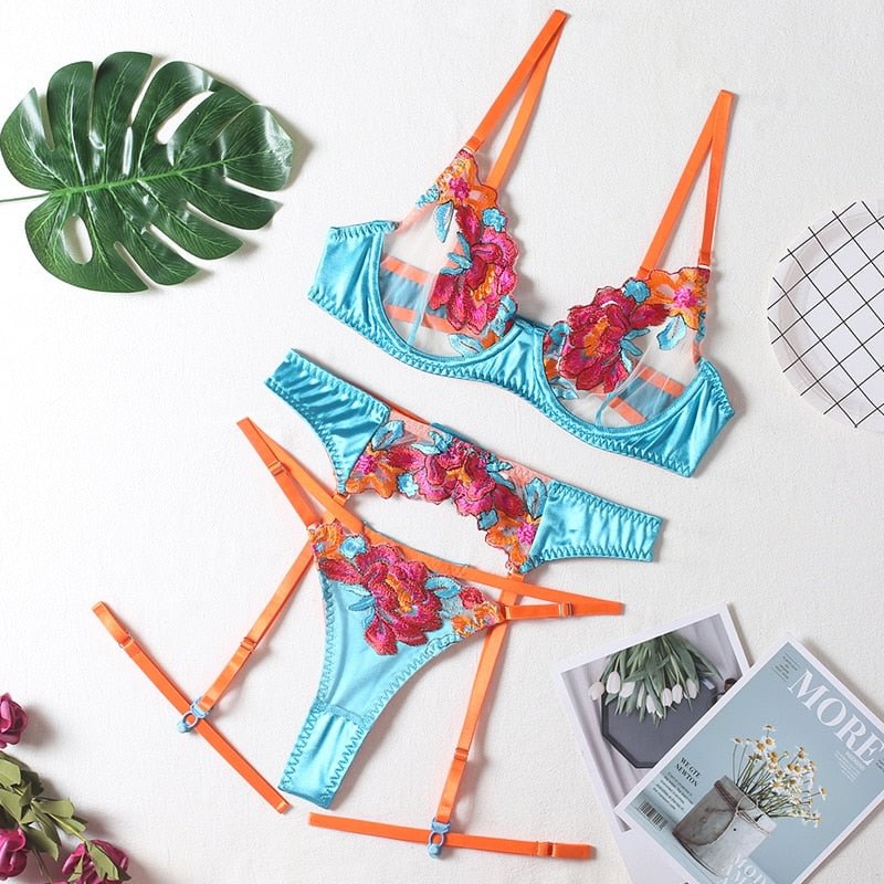 MIRABELLE Sensual Lingerie Sexy Lace Transparent Bra Sets 3-Piece Fancy Erotic Underwear Seamless Intimate Short Skin Care Kits