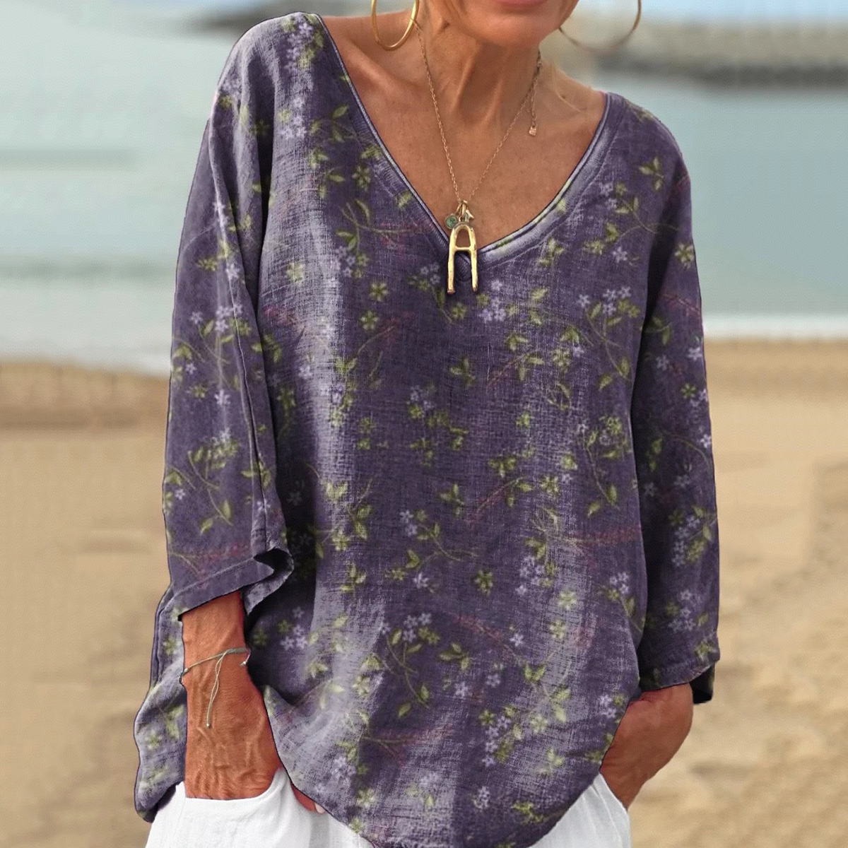 Comstylish Vintage Floral Print V-neck Linen Blend T-shirt