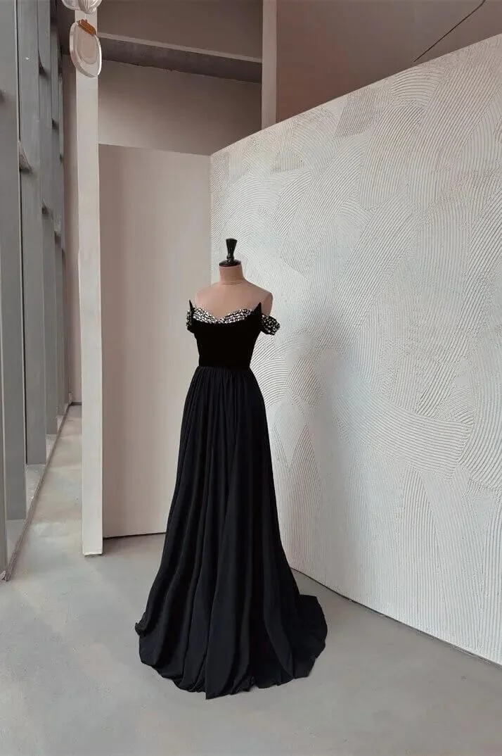 Miabel Exquiste Black Satin Strapless Off the Shoulder Long Pleated Prom Dress with Beadings 