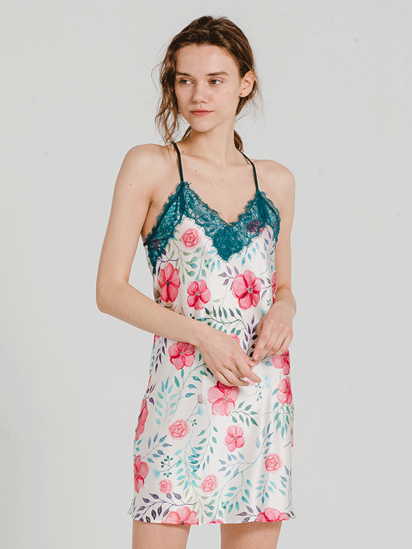 22 MOMME Nuisette en soie imprimé floral rose et vert -Soie Plus