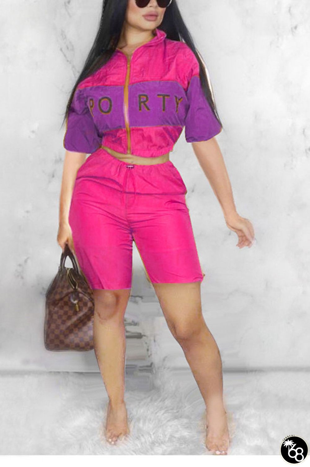 rose red Fashion Sexy Print Patchwork Straight Two-Piece Short Set | 168DEAL