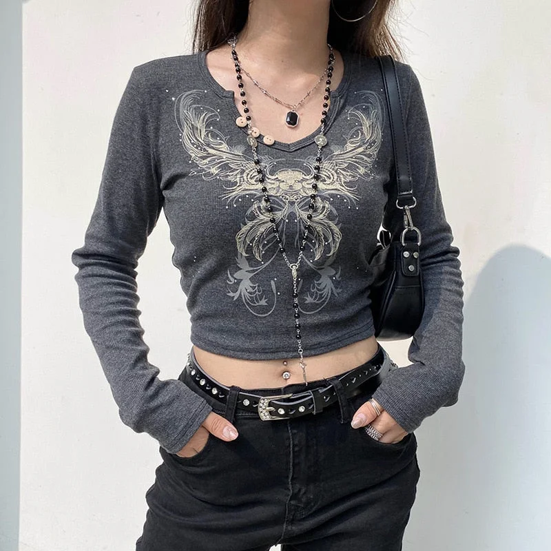 Y2K Grunge Graphic Print Crop Top Women Vintage Slim Fit Fairy Tees Spring Retro Aesthetic Long Sleeve Female T Shirt Streetwear