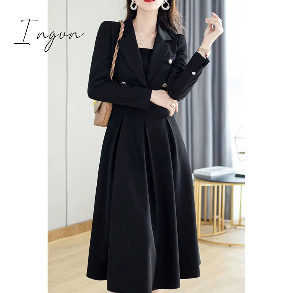 Ingvn - Autumn Korea Elegant Women Black Office Hepburn Suit Dress Casual Lapel Blazer Coat Classic