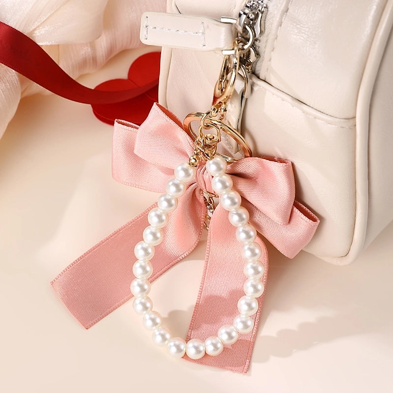 Sweet Cherry Heart Shape Bow Knot Artificial Pearl Alloy Polyester Bag Pendant Keychain
